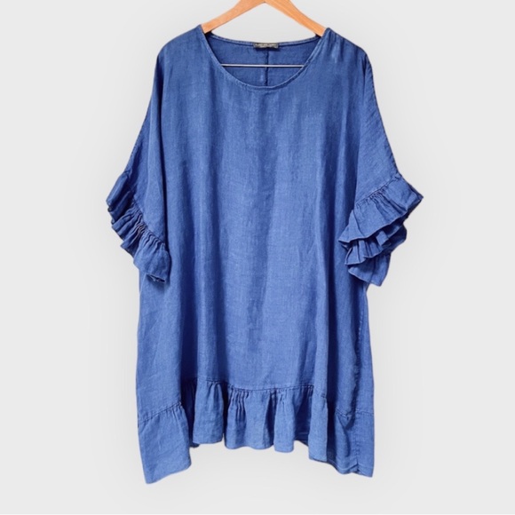 Piazza Del Tempio | Linen Elbow Sleeve Ruffle Dress | Medium | Blue | $35 - Picture 6 of 6